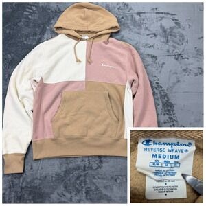 Champion Reverse Weave Colorblock Hoodie Tan Pink Cream Medium Patchwork